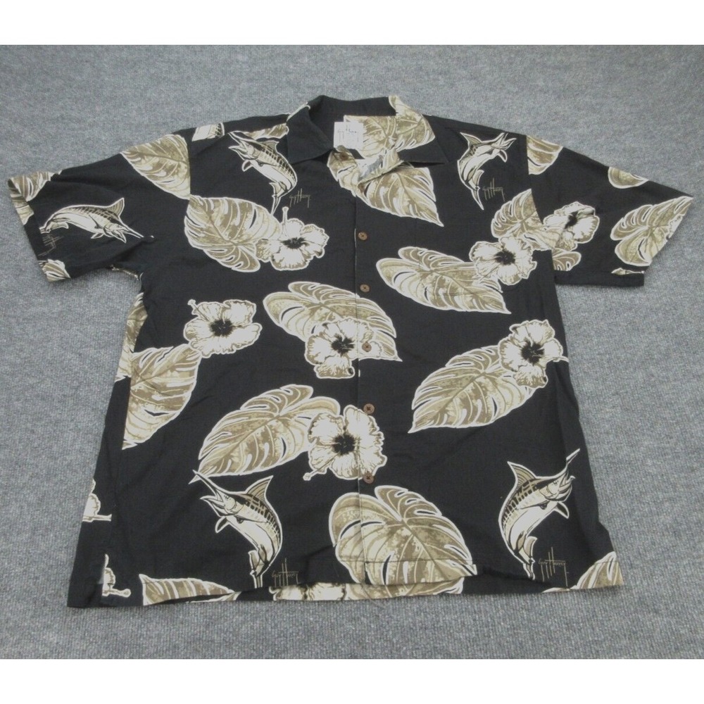 Guy Harvey Mens Button Down Regular Black Marlin Tropical Hibiscus XL